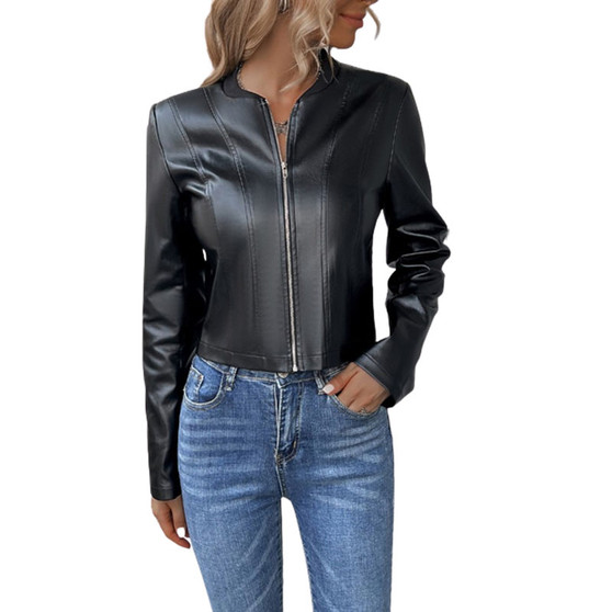 Womens Vegan  Leather Jacket Slim Fit Zipper Closure