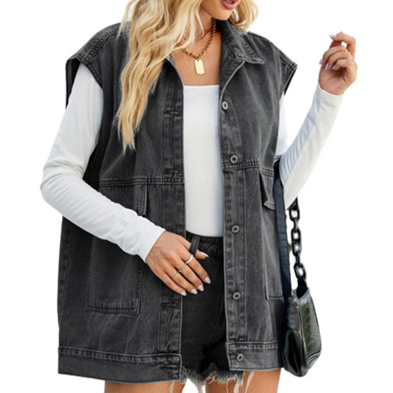 Sleeveless Denim Jacket with Front Pockets