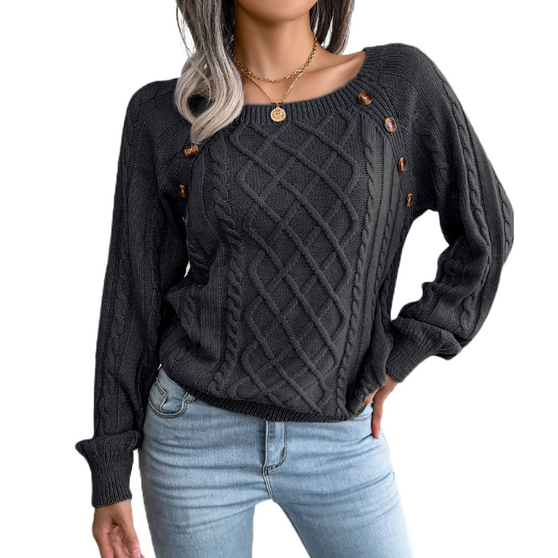 Square Neck Button Twist Knitted Pullover