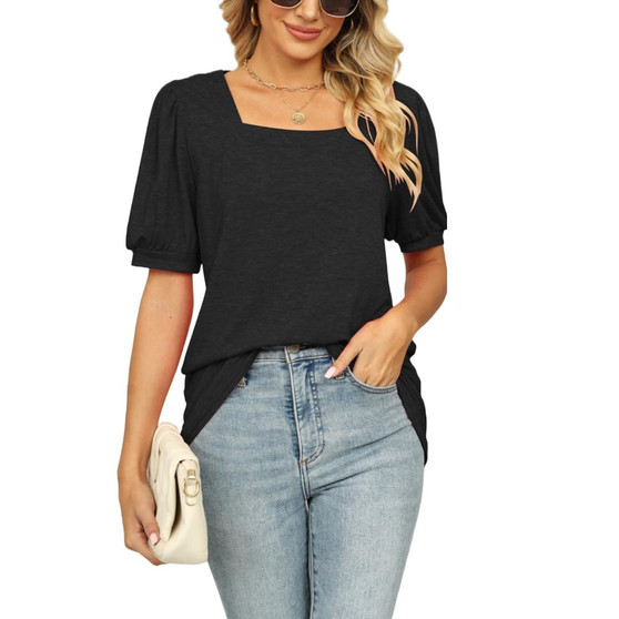 Solid Colour Square Neck Puffed Sleeve Tops