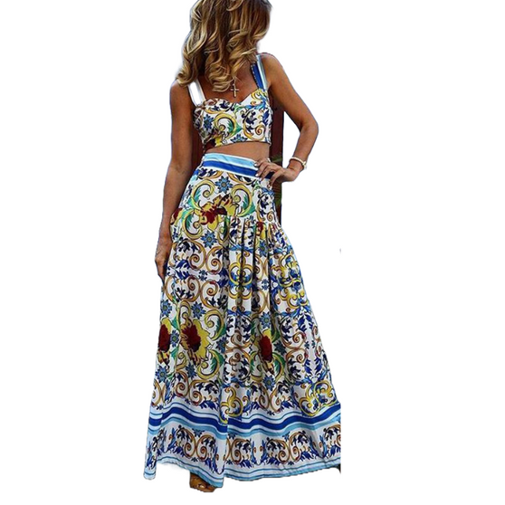 Printed Beach Skirt Suit with Tank Top