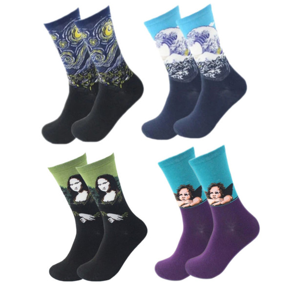 Famous Painting Art Printed Fun Socks Casual Cotton Cool Novelty Unisex 4 Pairs