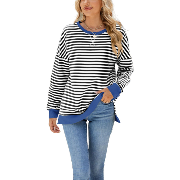 Stripe Side Split Loose Casual Design Neck Jumper