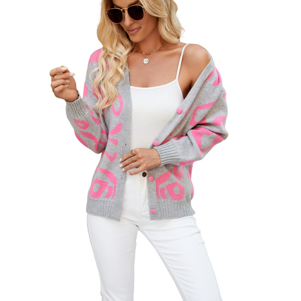 Women's V Neck Jacquard Weave Cardigans with Buttons