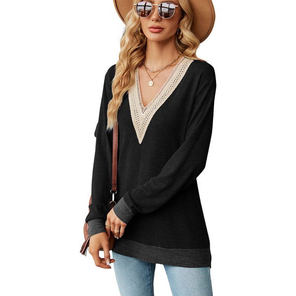 Women's Lace V Neck Contrast Colour Long Sleeve Tops