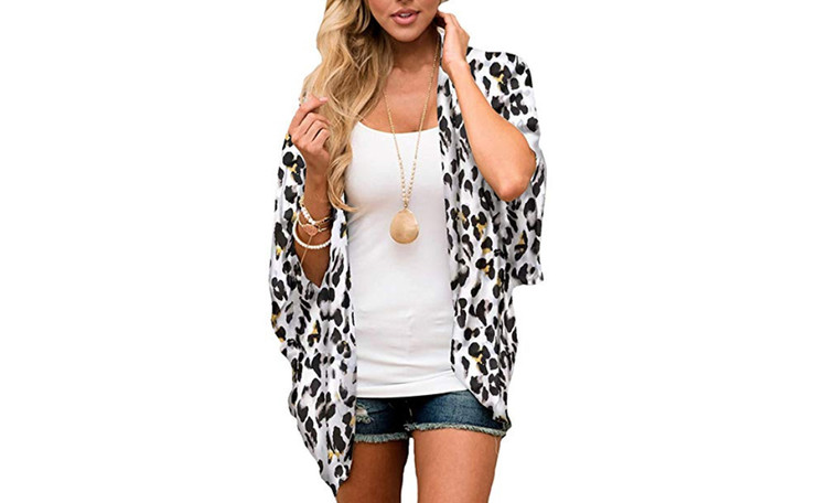 Womens Floral Print Puff Sleeve Kimono Cardigan Loose Cover Up Blouse Top