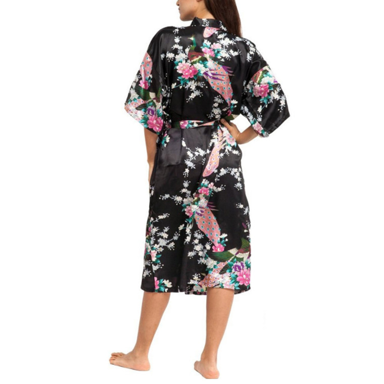 Soft silk Kimono Robe Dressing Gown  Bathrobe Sleepwear with 3/4 Sleeve
