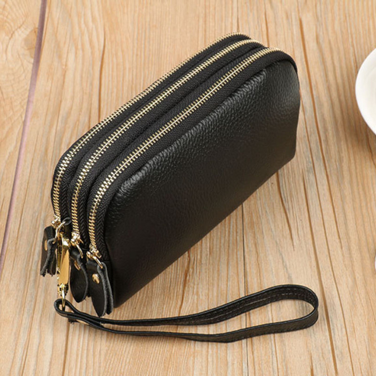 Long Genuine Leather Wallet – 3-Layer Zipper Clutch Purse with Removable Wrist Strap & Multi-Card Slots