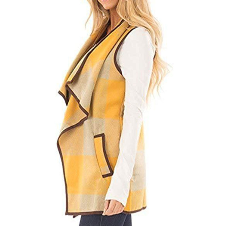 Open Front Sleeveless Plaid Vest with Pockets