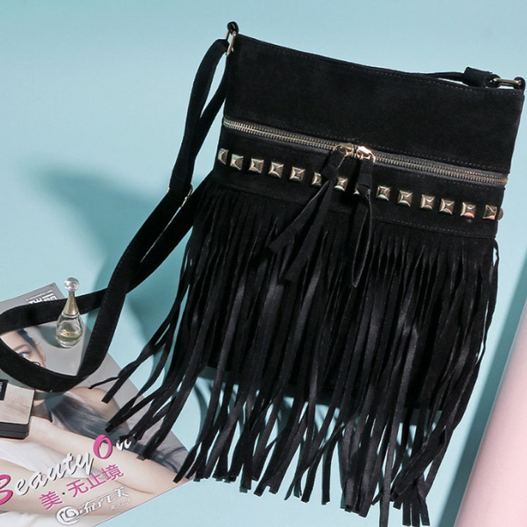 Women Faux Suede Crossbody Shoulder Bag Fringe Weave Tassel Messenger Handbag