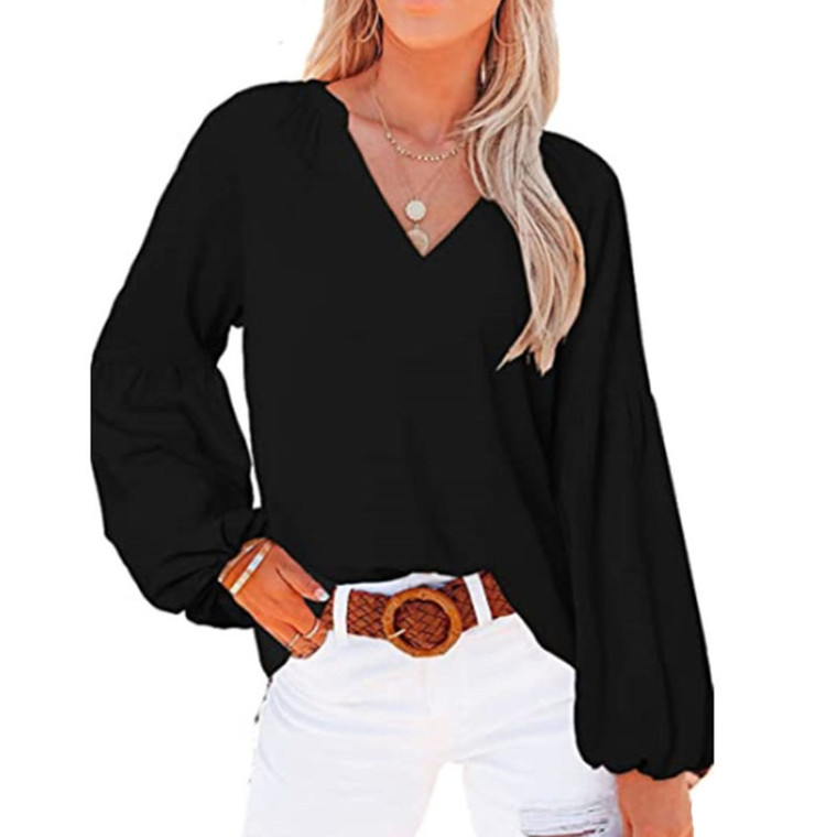 Women's Lantern Long Sleeve V Neck Blouse Top