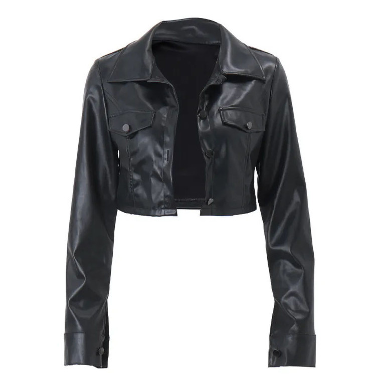 Womens  Vegan Leather Jacket Loose Fit Button Closure
