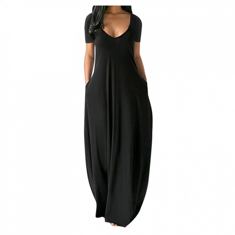 Women's Round Neck Solid Colour Dress With Pockets