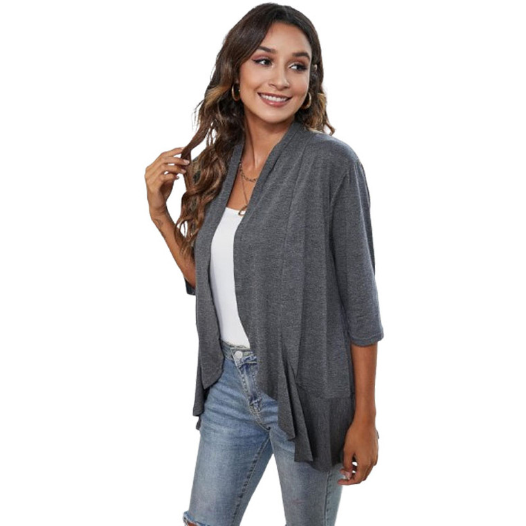 Ladies Three Quarter Sleeves Ruffles Open Front Cardigans