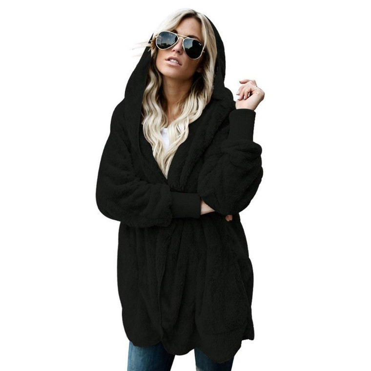Fuzzy Fleece Open Front Hooded Cardigans