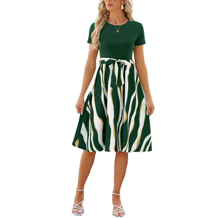 Ripple Printed Bandage Short Sleeves Dresses