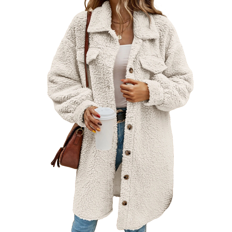 Open Button Lapel Fleece Long Overcoat