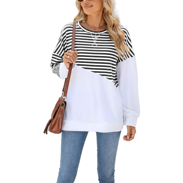 Side Split Loose Casual Stripe Joint Jumper