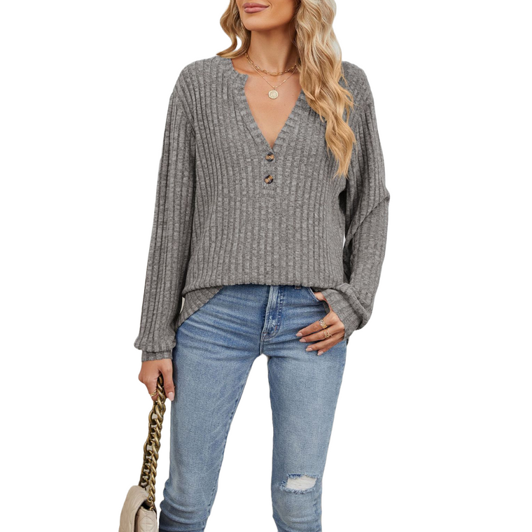 Long Sleeve V Neck Button Casual Tops
