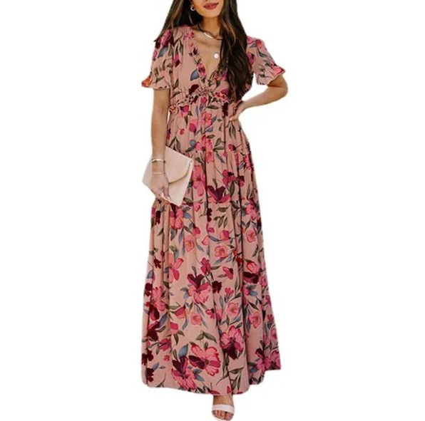 Womens Casual Floral Deep V Neck Long Sleeve Long Evening Dress Cocktail Party Maxi Wedding Dresses