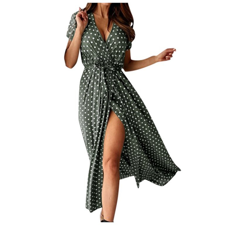 Bohemian Polka Dot V Neck Swing Midi Dress - Version 1