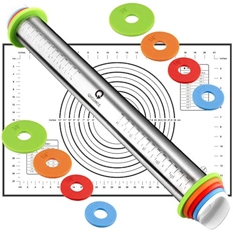 Rolling Pin and Pastry Baking Mat Set – Non-Stick Silicone Mat with Stainless Steel Rolling Pin