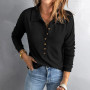 Women's Solid Color V Neck Button Tops Pit Strip  Women's Solid Color V Neck Button Tops Pit Strip