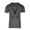All silent on the western front. Tri-blend athletic fit tee in gun metal.
