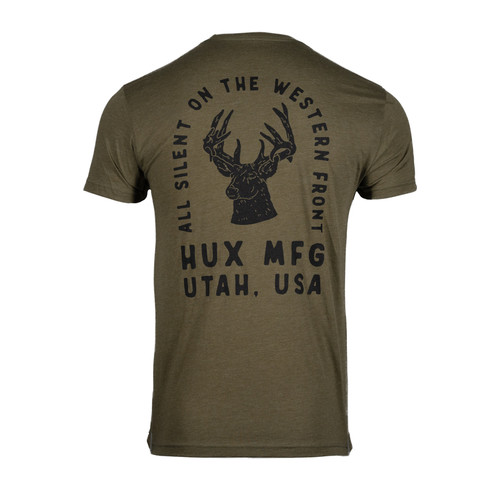 All silent on the western front. The Deer Logo Tee in Army Green is a mix of 60% combed ring-spun cotton and 40% polyester to provide a comfortable and durable shirt that you can wear no matter what you're doing.