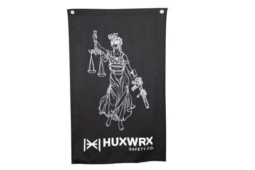 The HUXWRX LADY JUSTICE wall flag in 300D polyester