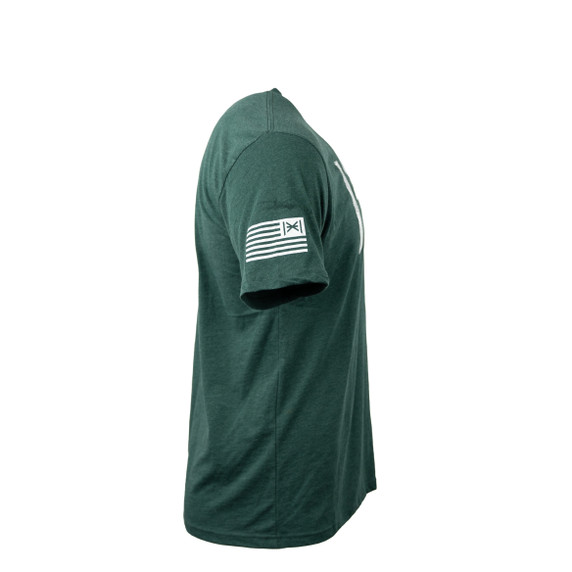 This design is available in Heather Forest Green with white accents in sizes S-3XL.