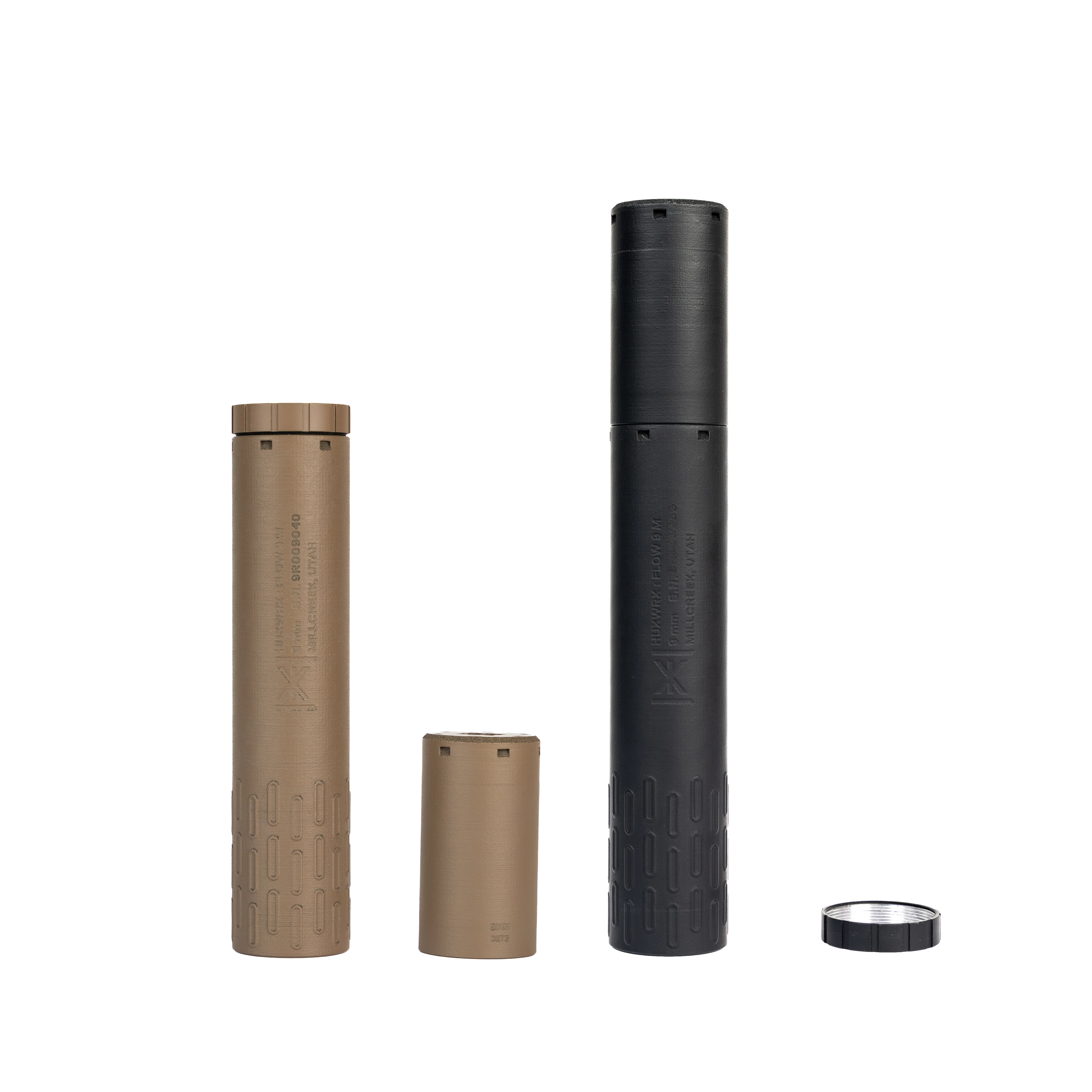 HUXWRX FLOW 9 M Titanium Suppressors in Black and FDE Cerakote