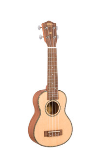 EU200S 1880 Ukulele Co. - 200 Series. Soprano. $199.00 *

Solid spruce top, mahogany back and sides.

Arched back. Black walnut with pearl top

binding and black walnut back binding. Okume

neck with black walnut fingerboard and pearloid

dot inlays. Pearl inlaid soundhole rosette. Black

walnut bridge. Graph Tech Canada, NuBone

XB compensated saddle and bone nut. Chrome

Waverly style open gear machine heads. Aquila

strings. 15 nickel frets. 346mm scale. Black printed

display box. Natural satin