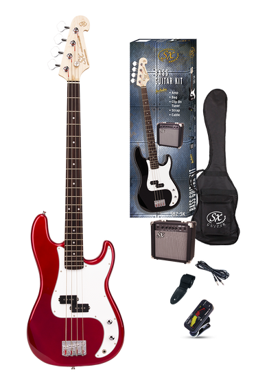 SX  ST Style Bass Guitar & AMP Pack  -   Candy Apple Red
