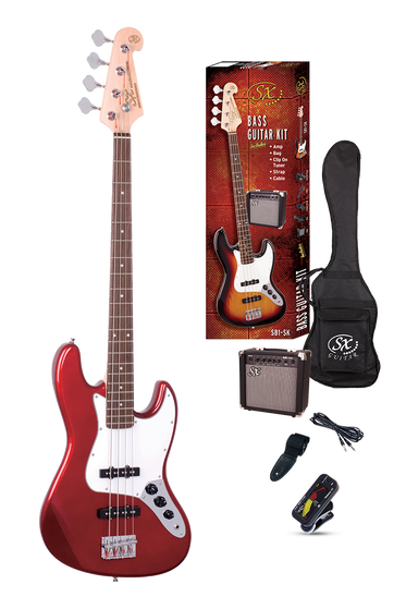 SX Jazz Style Bass Guitar & AMP  Pack  Candy Apple Red