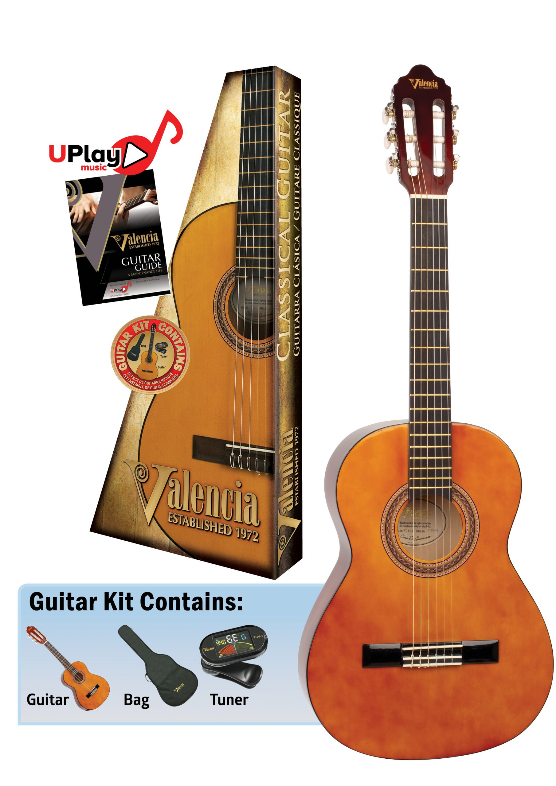 Full Size Acoustic Guitar Kit - Valencia Series 100 Classical Guitar Package Natural Full Size Megas Music Store