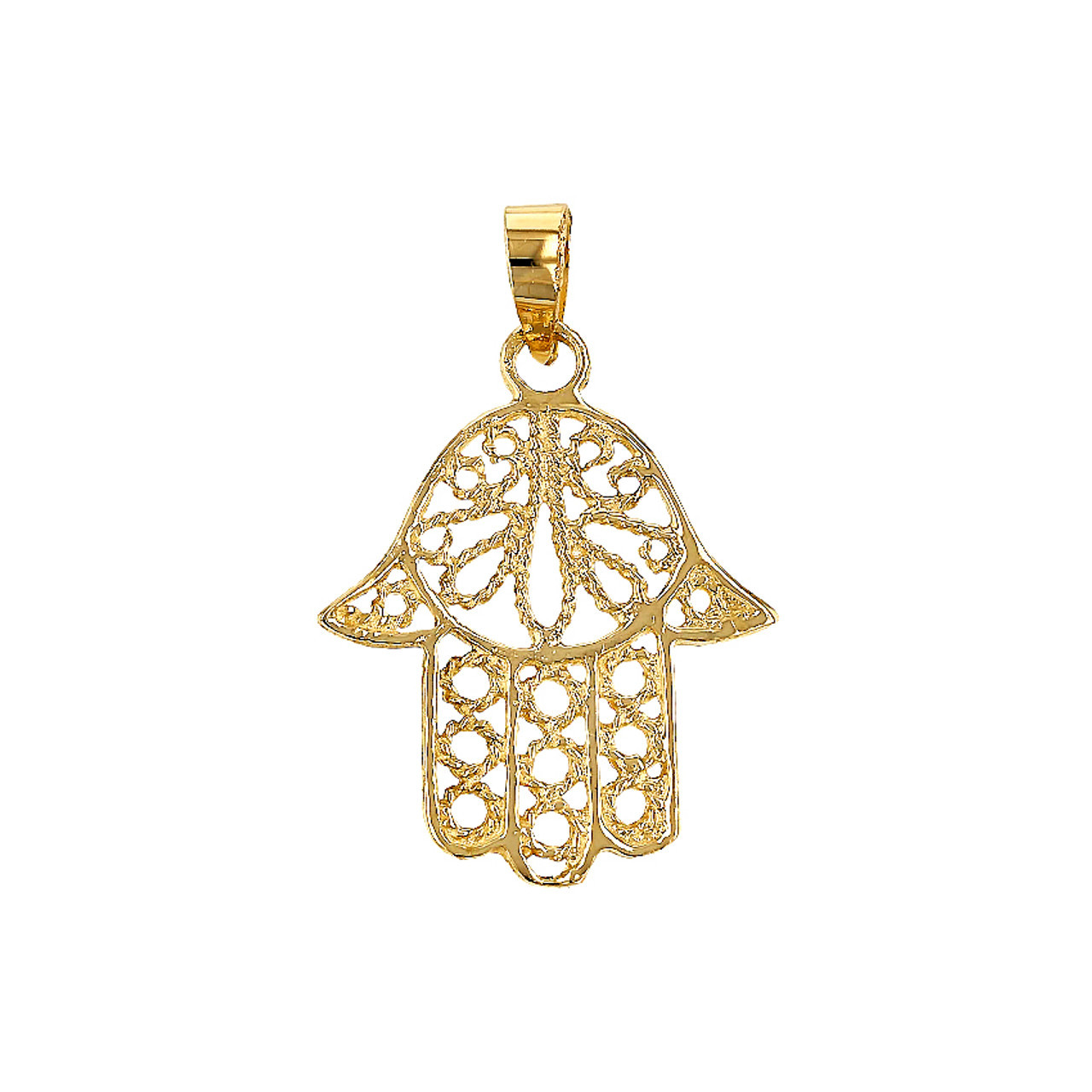 14k Gold Filigree Hamsa Protection Hand Pendant