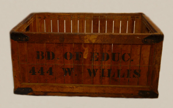 Wooden Crate with metal corner accent.