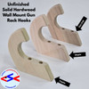 Unfinished wooden gun rack hooks in poplar, red oak, and maple shown on a white background with text indicating which hook is constructed out of each hardwood species