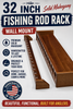 Handcrafted 32-inch solid mahogany wall mount fishing rod rack for displaying fishing poles on the wall in a premium hardwood organizer for garage, cabin, or fishing room.