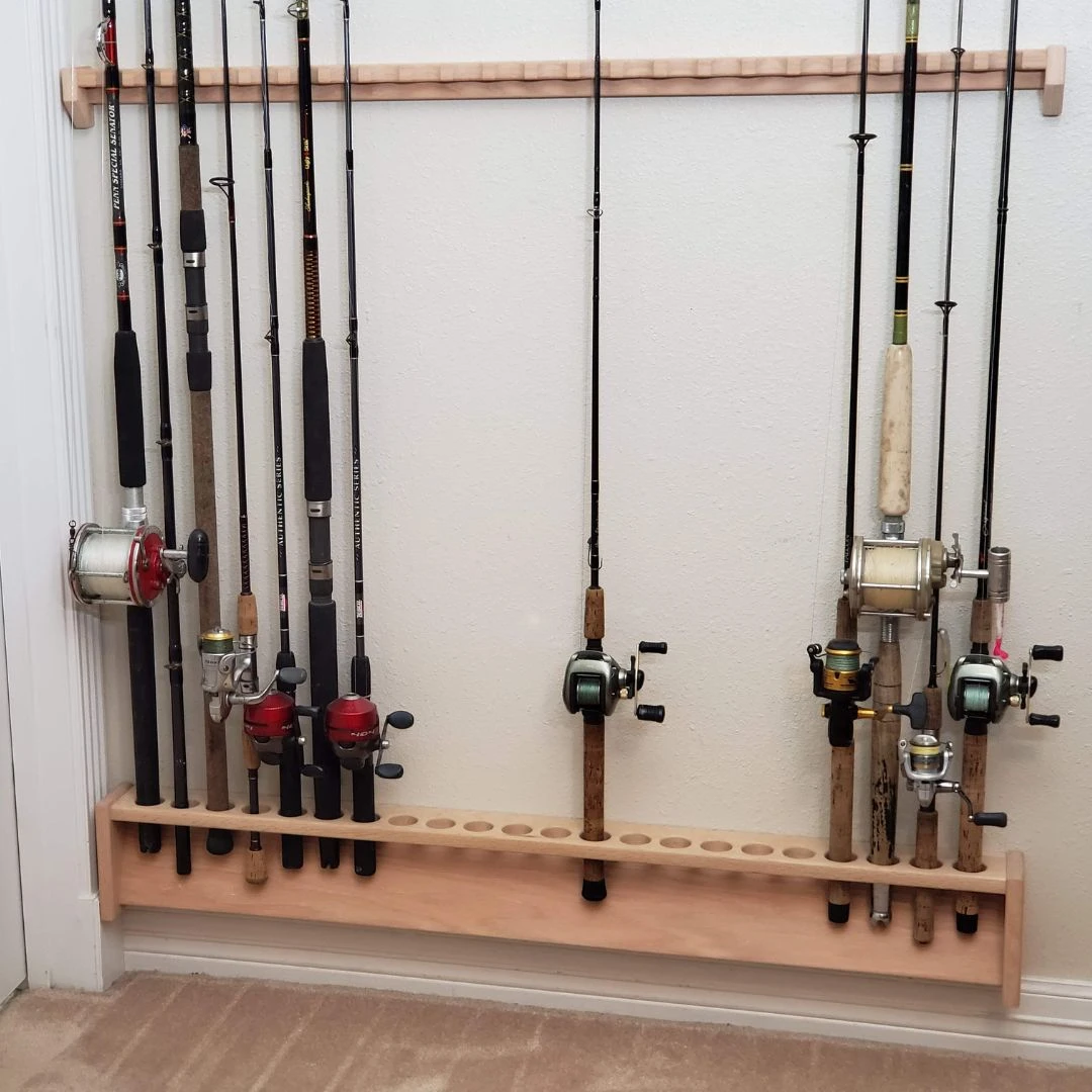 Wall Mount Rode Solid Wood Fishing Rod Rack for Garage or Tackle Room Walls
