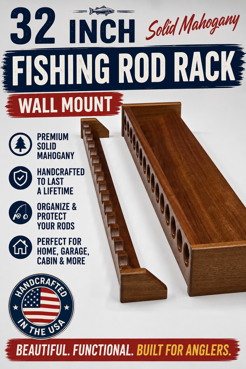 fishing rod holders for garage wall PLUSINNO H5W Horizontal Rod/Pole Garage, or Ceiling Mounted Rack, Solid Wood Fishing Holder Holds up to 5/10/20 Rods or Combos Fishing Gear, Gifts for Men Our wall mounts provide a sleek and effective storage solution for your valuable fishing rods. 32 Inch Solid Mahogany Fishing