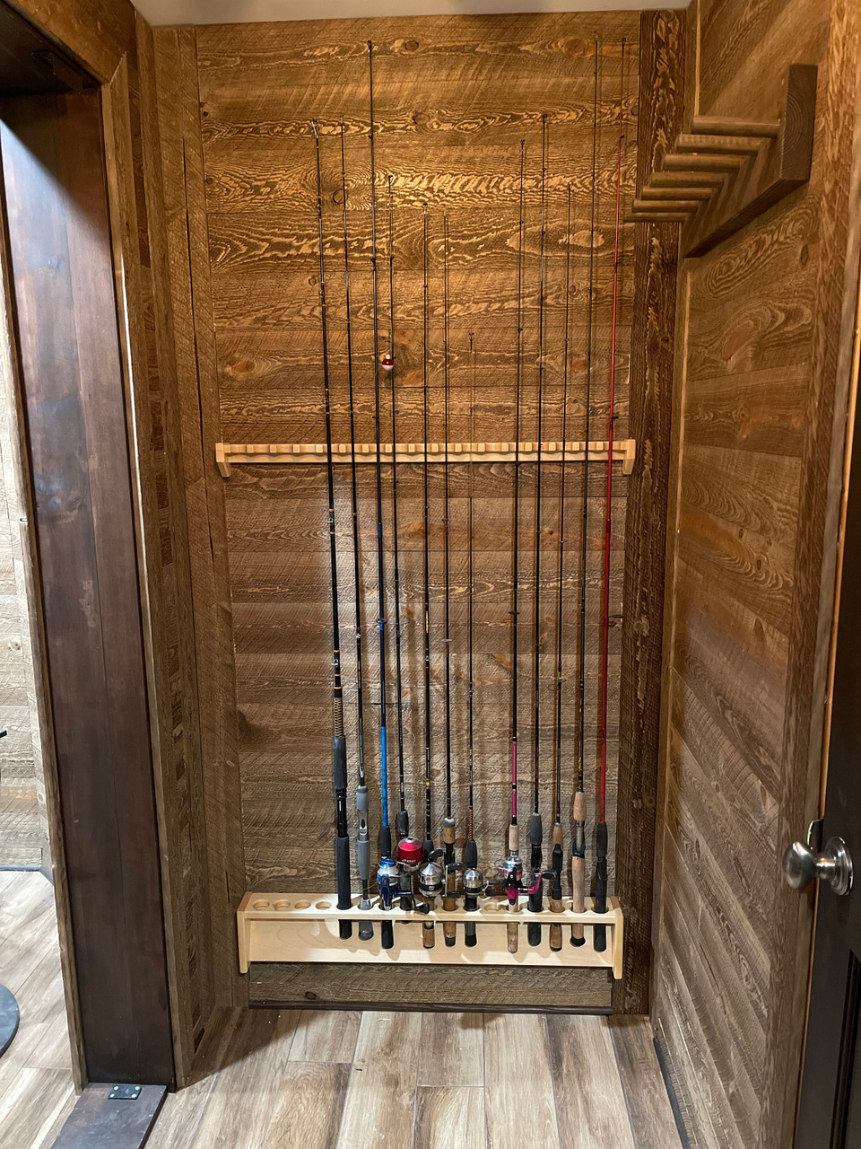 Solid Mahogany Rod Rack, 46 Inch Wall Mounted Built in Fishing