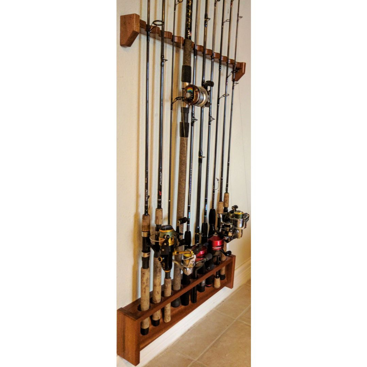 Solid Mahogany Rod Rack, 46 Inch Wall Mounted Built in Fishing