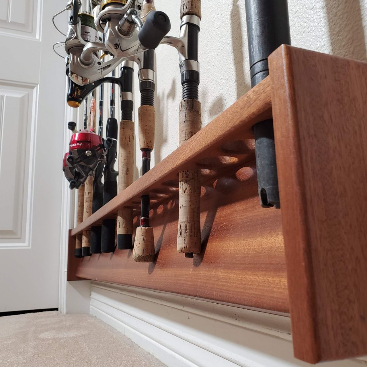 Custom Fishing Rod Rack, Solid Mahogany Wood