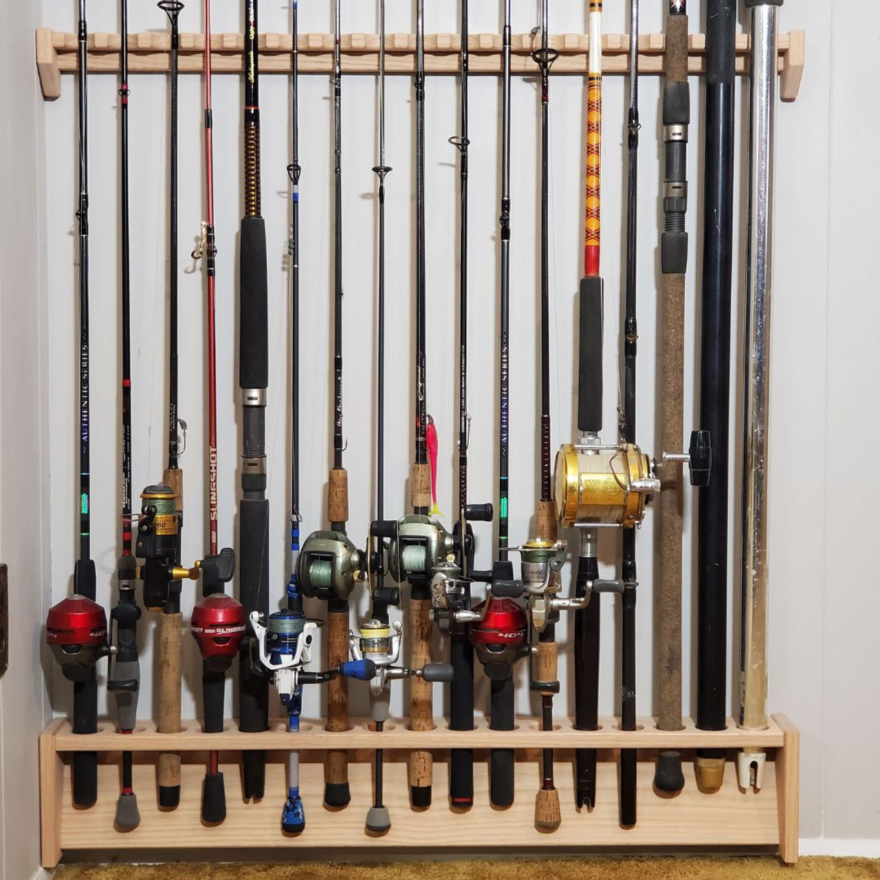 Fishing Rod Rack, Wall Mount Pole Holder, 36 Wide, 17 Rod Capacity, Solid  Red Oak Wood, Unfinished