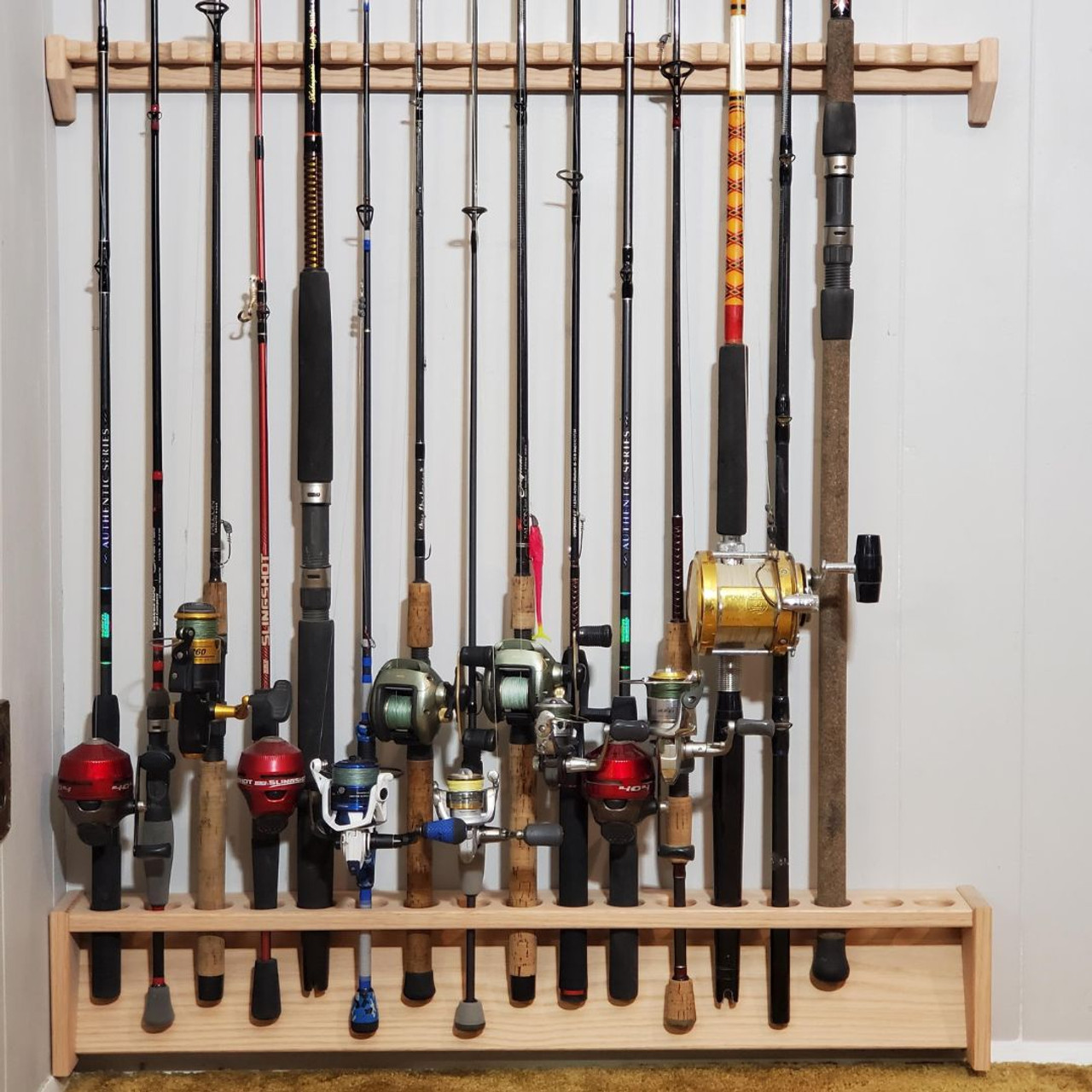 Fishing Rod Rack, Wall Mount Pole Holder, 36 Wide, 17 Rod Capacity, Solid  Red Oak Wood, Unfinished