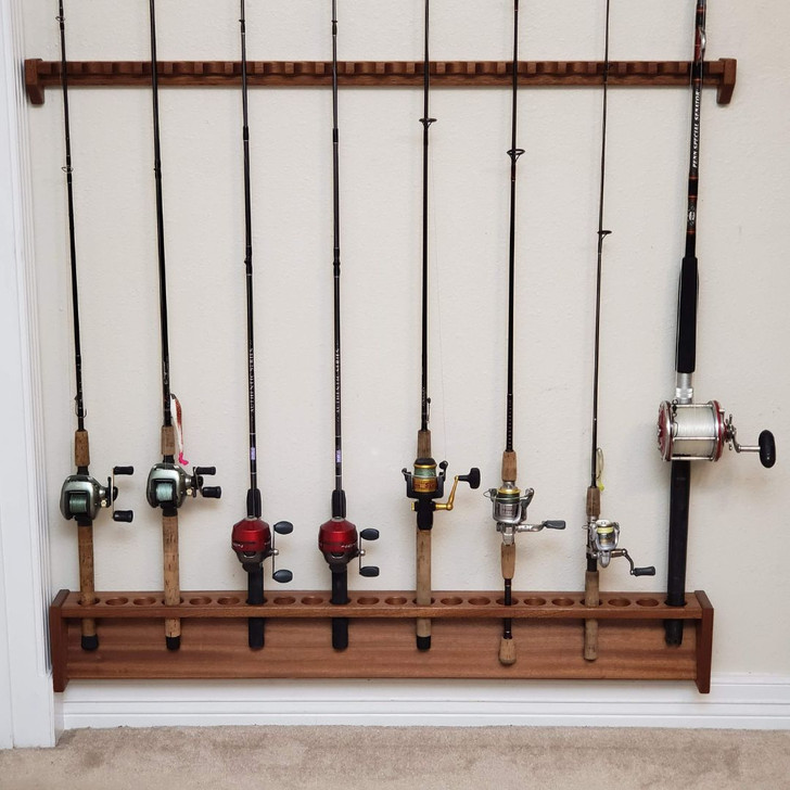 solid mahogany wooden fishing rod rack with 22 spaces for fishing poles