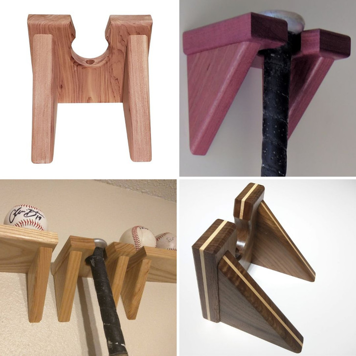 Baseball bat wall hangers in various wood species