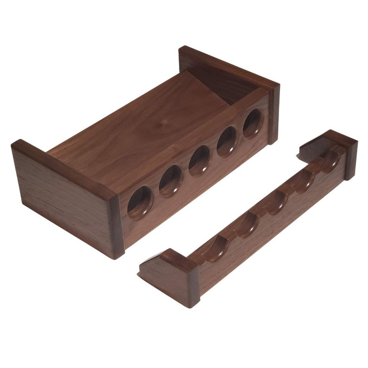 12 inch solid walnut fishing rod rack with 5 spaces for poles, top right front view with white background